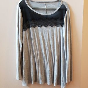 Tahari loose tunic black lace trim sz large #